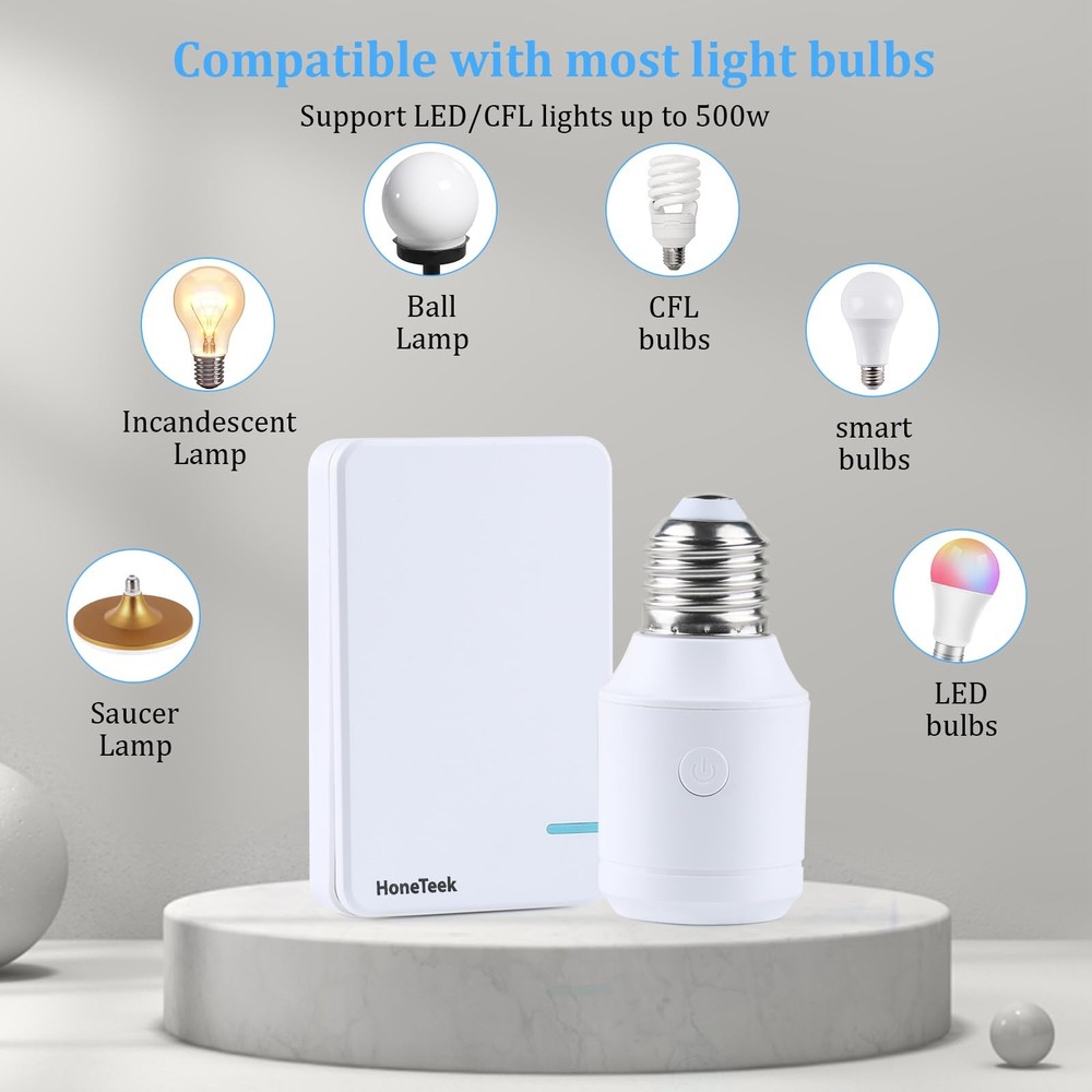 500W Remote Control Light Bulb Socket, E26/E27 Bulb Base Holder, 100FT Range,...