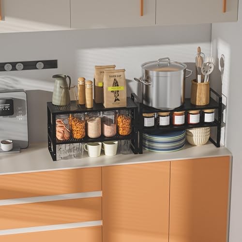 Expandable,Adjustable & Stackable Spice Rack, Cabinet 2PACKS/BLACK/LARGE Black