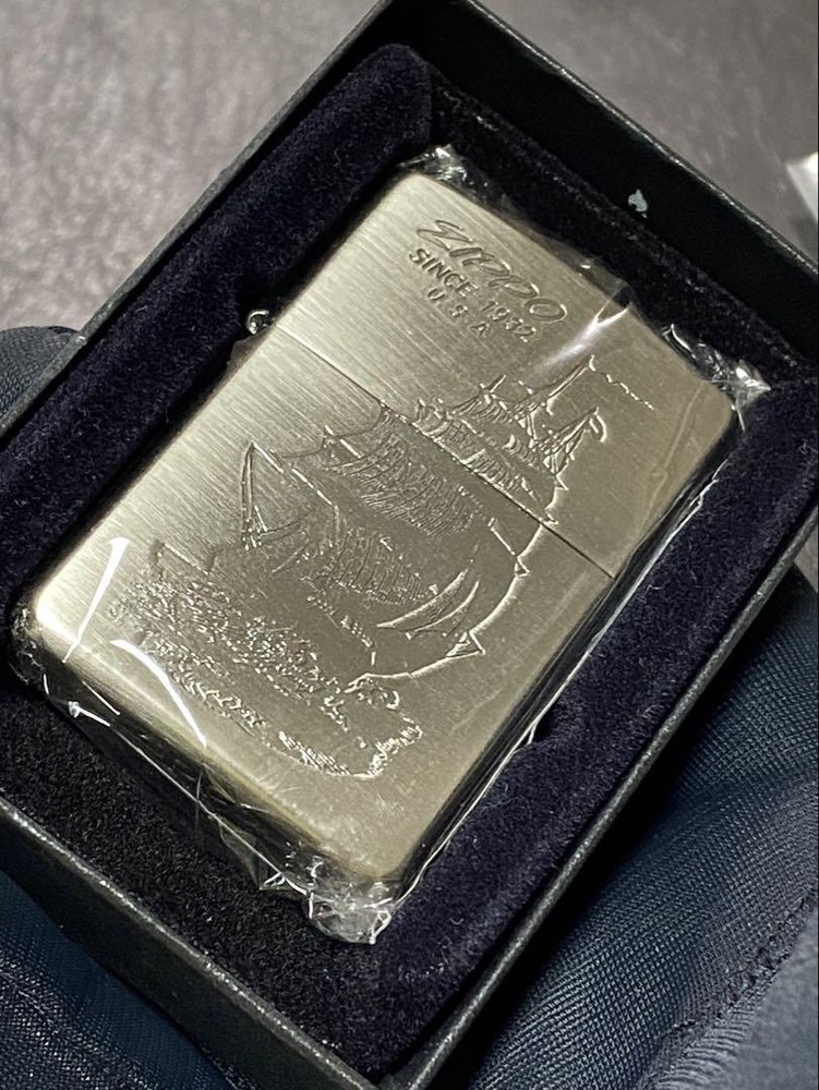 Zippo Sailing Ship Silver Etching One Sided Processing Lighter Regular Japan