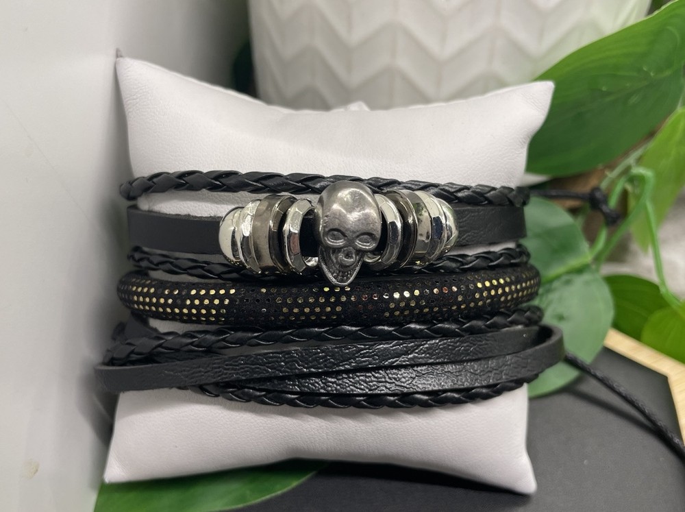 3 PC Leather Bracelet Stackable Adjustable Tie Free Ship B5194