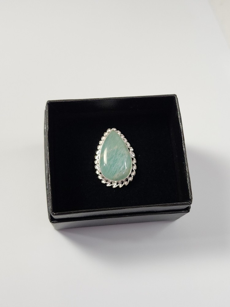 Amazonite Ring Setting Marked 925 Pale Green Stone Large Teardrop SIZE 7.75