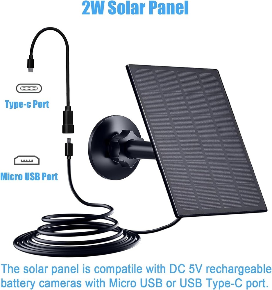 Solar Panel for Security Camera, 2 Pack 2W Solar Charger with Micro USB & USB-C