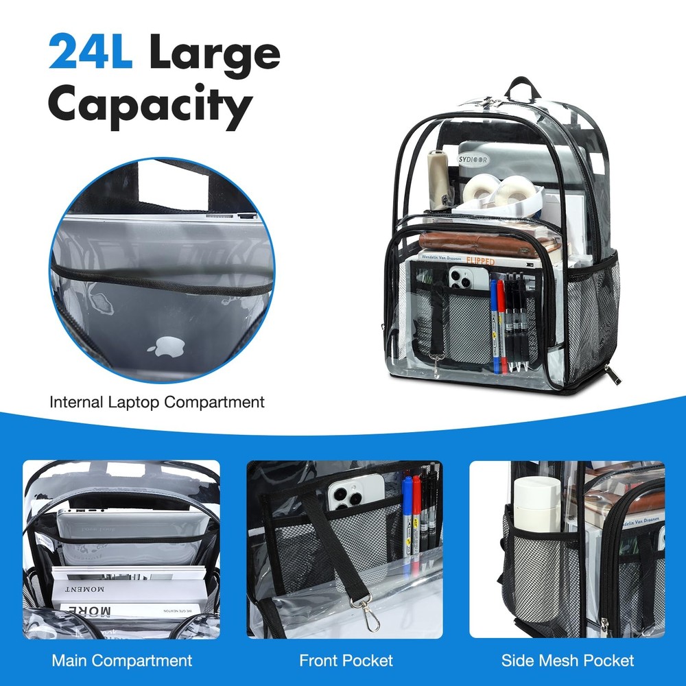 Rolling Clear Backpack Heavy Duty, 3-Stage Telescopic Handle Transparent Book...