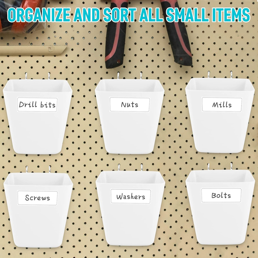 Large Pegboard Cups Peg Board Storage Bin 6 Pack with Hooks, Square Box Shape Pe