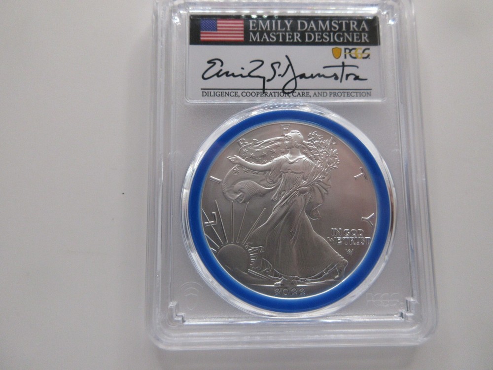 2022-W Burnished Silver Eagle Advanced Release; Mint Designer Damstra PCGS SP70