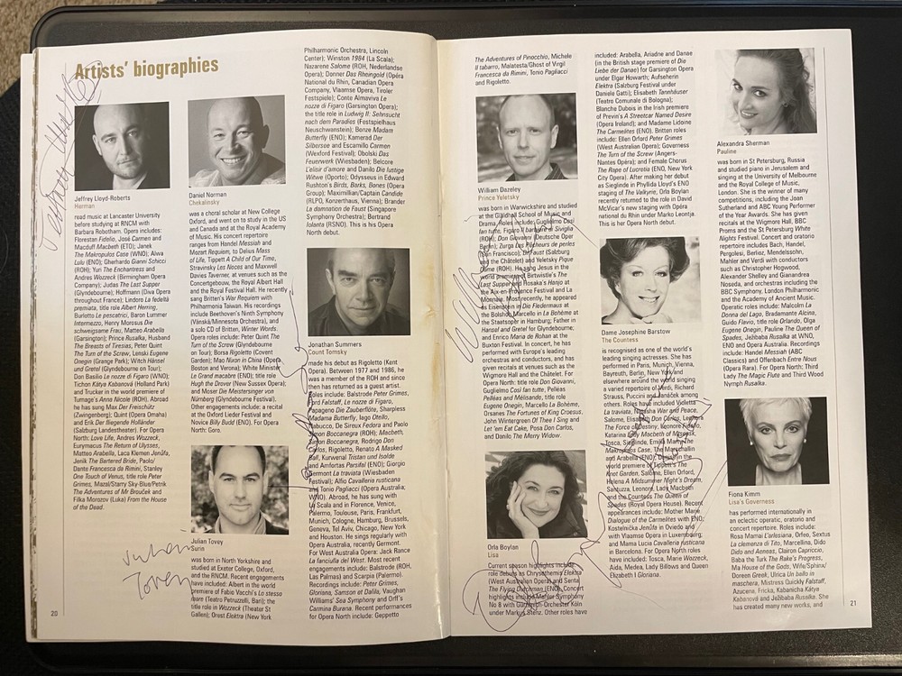 Opera Program Signed by 6, 2012 / Autographed Opera, Tovey, Lloyd-Roberts, etc.