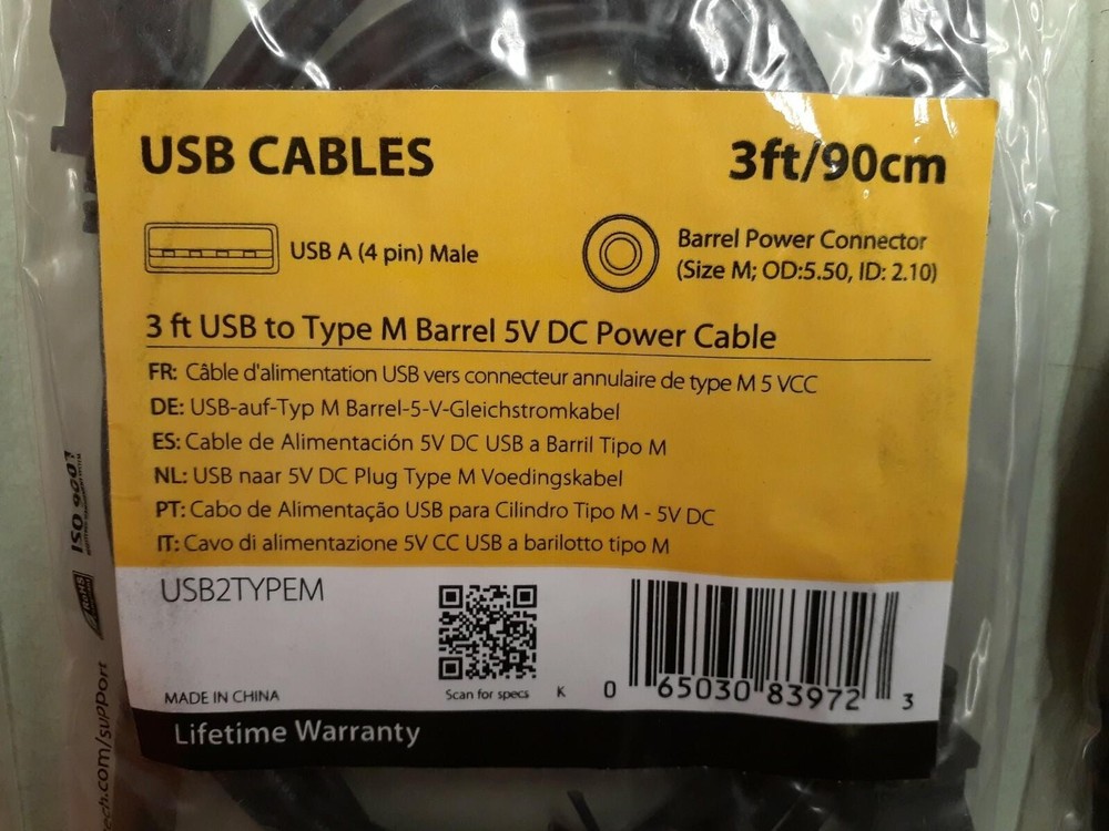 (6) StarTech USB2TYPEM 3 ft USB to Type M Barrel 5V DC Power Cable - 2 per Bag