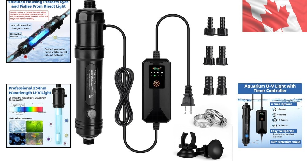 Compact U-V Light for Freshwater & Saltwater Aquariums - 7W with Timer & Shield