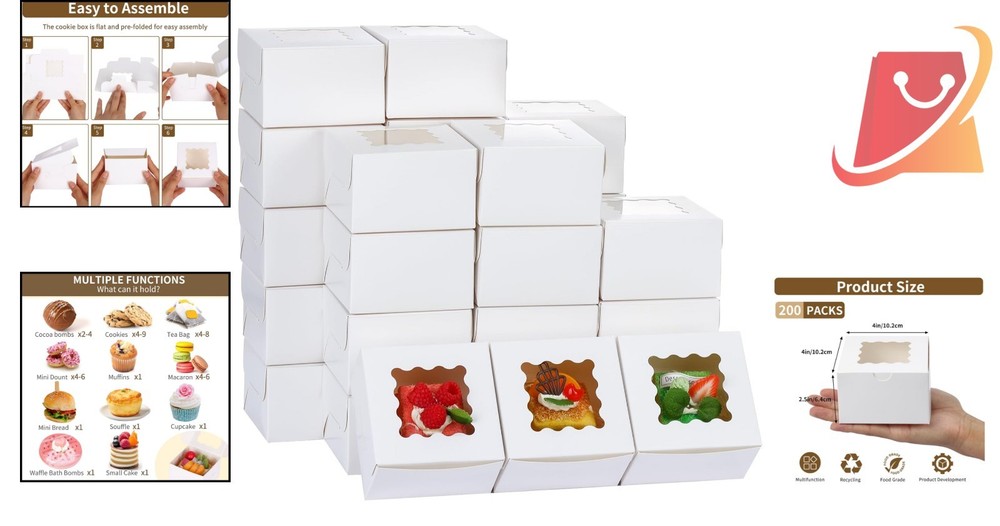 200 Count White Bakery Boxes with Window - Elegant Cookie Packaging Solution