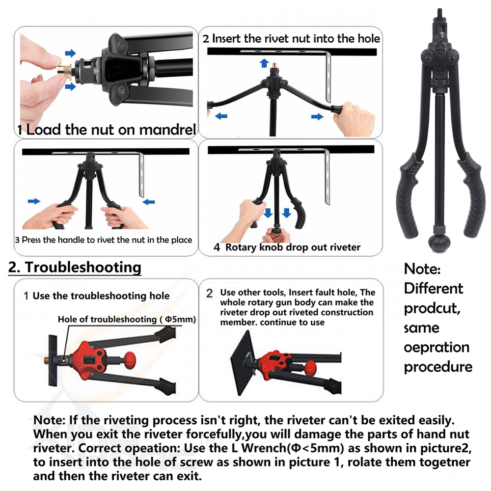 Thrust Type Hand Nut Riveter 360mm 14" Rivet Nut Gun Kit Rivnut Setting Tool