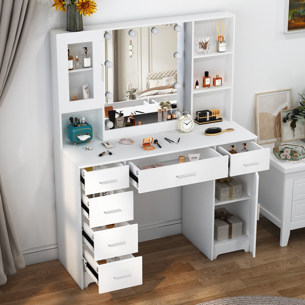 All-in-One Vanity Set Includes Desk, Mirror 7 Drawers & Storage Adjustable Light