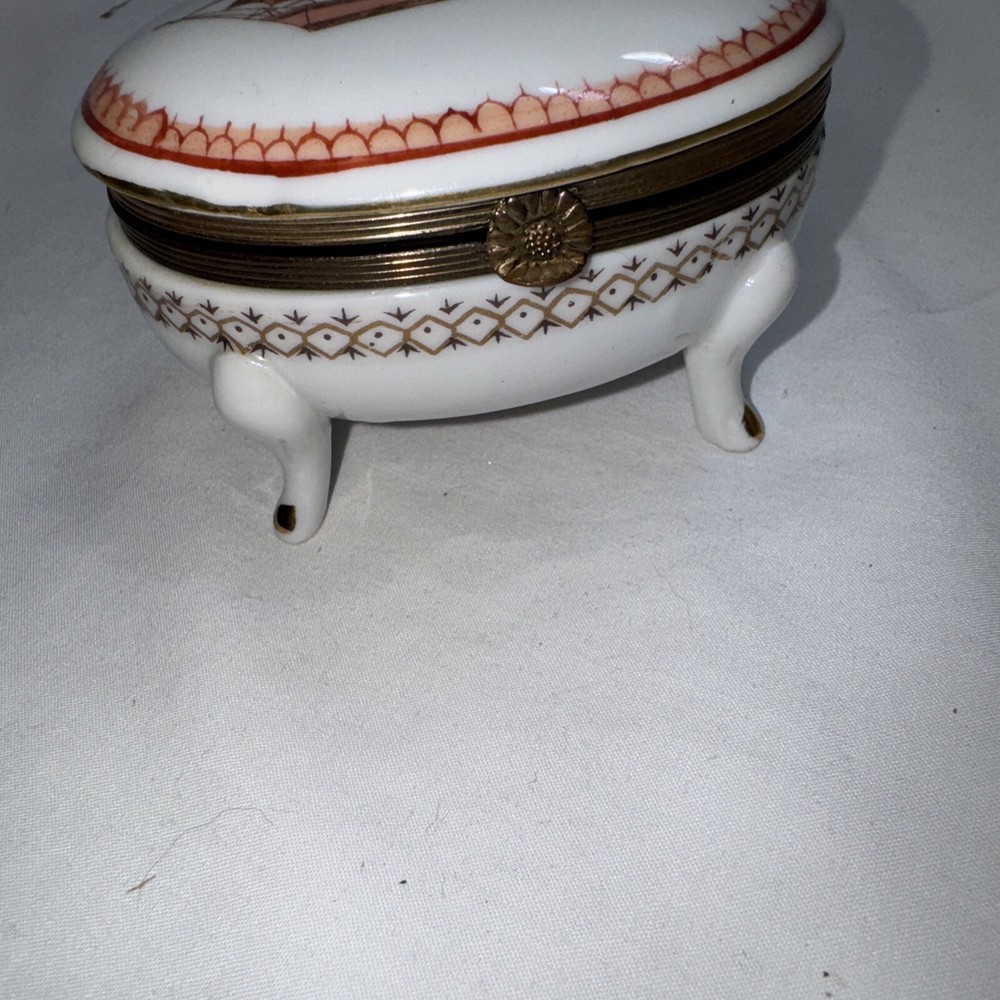 Isco Footed Lidded Hand Painted Porcelain Trinket Box Brass