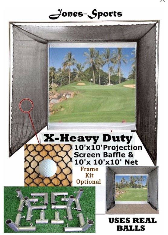Golf Projection Screen 10'x10' w 10'x10'x10' Net &Frame Corners
