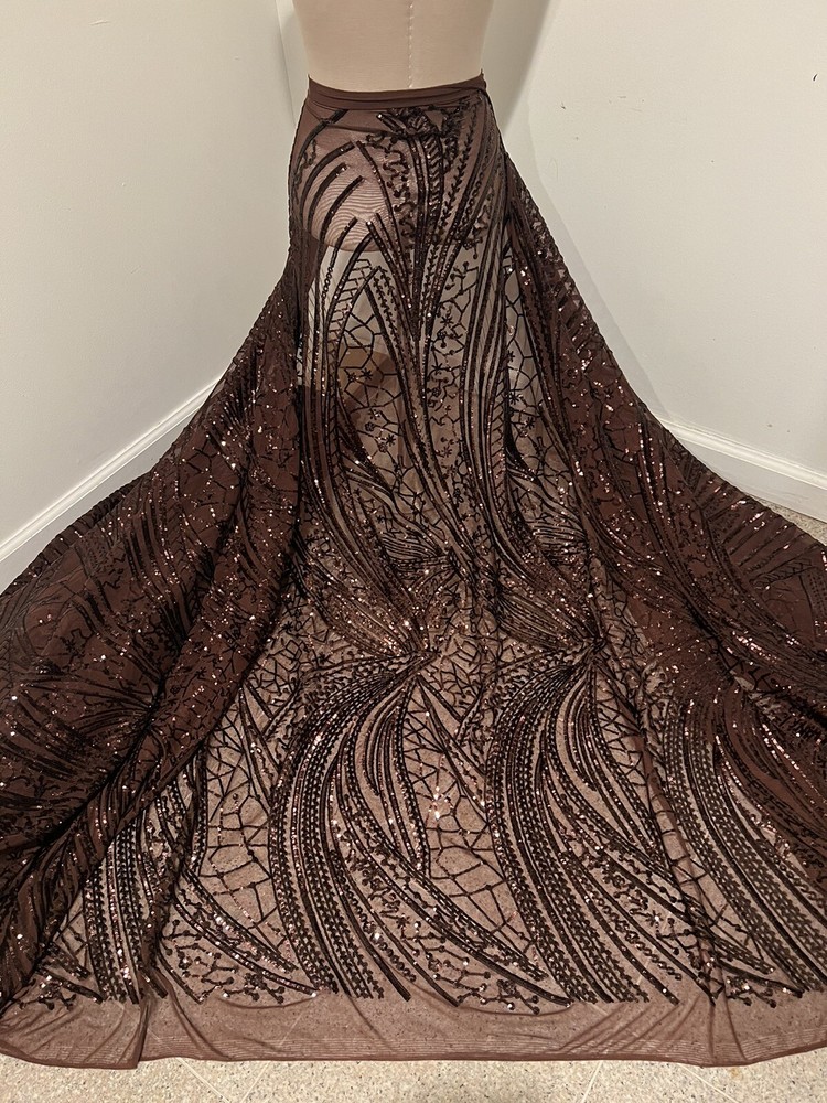 Brown 4way stretch sequins Embroidery Mesh Lace fabric 50” Width 1  Yard
