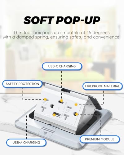 Floor Pop Up Outlet, Pop Up Waterproof Floor Electrical Box Type-C 2pack Silver