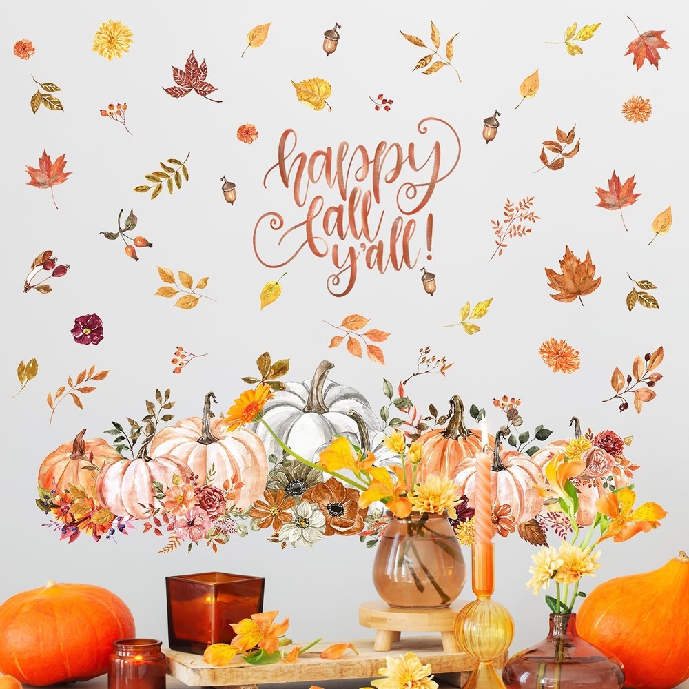 Happy Fall Yall Wall Decal Fall Pumpkin Maple Nuts Wall Stickers Decor Remova...