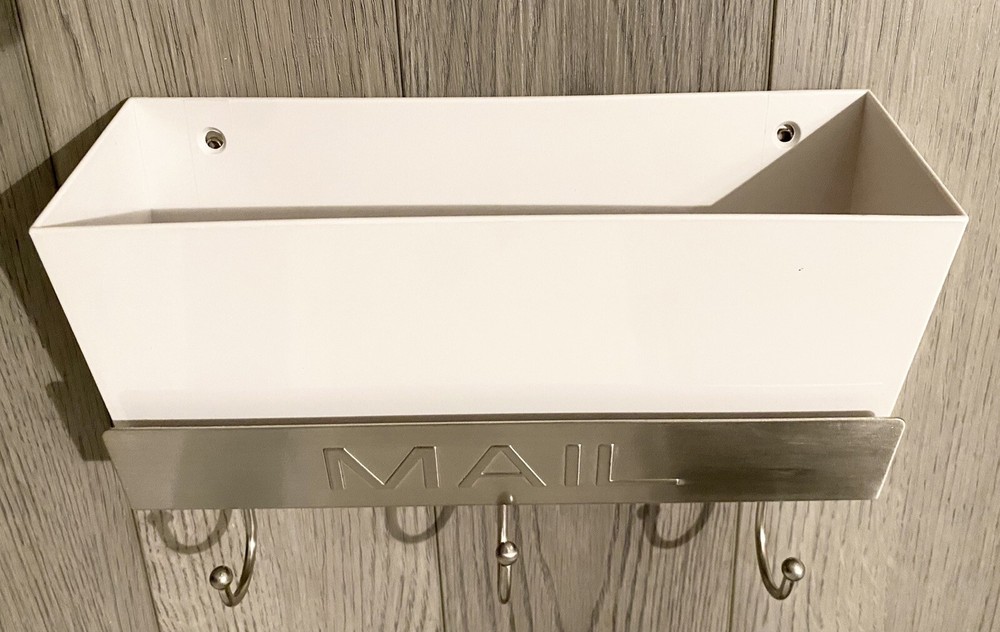 Threshold Mail Holder With Key Hooks /WHITE & SATIN NICKEL FINISH / 10 "