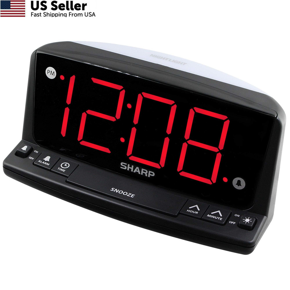 Sharp LED Digital Alarm Clock – Simple Operation - Large, Black - Red Led