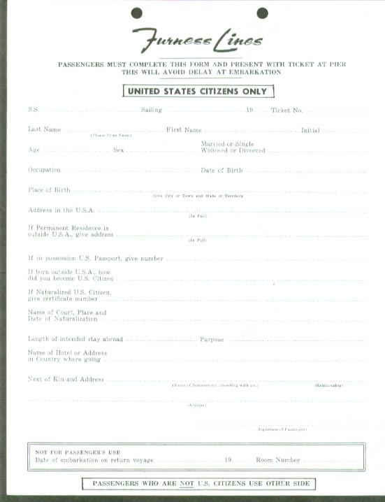Furness Lines Citizen / Non-Citizen Embarkation Form