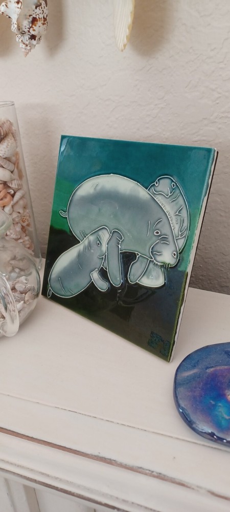 Ceramic Manatee Tile Standing Base Tropical Coastal Beacy Decor