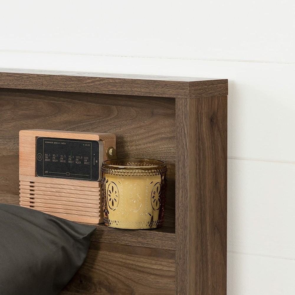 Walnut Brown Full Queen Wooden Panel Headboard Cut Out Shelf Frame Mount Storage