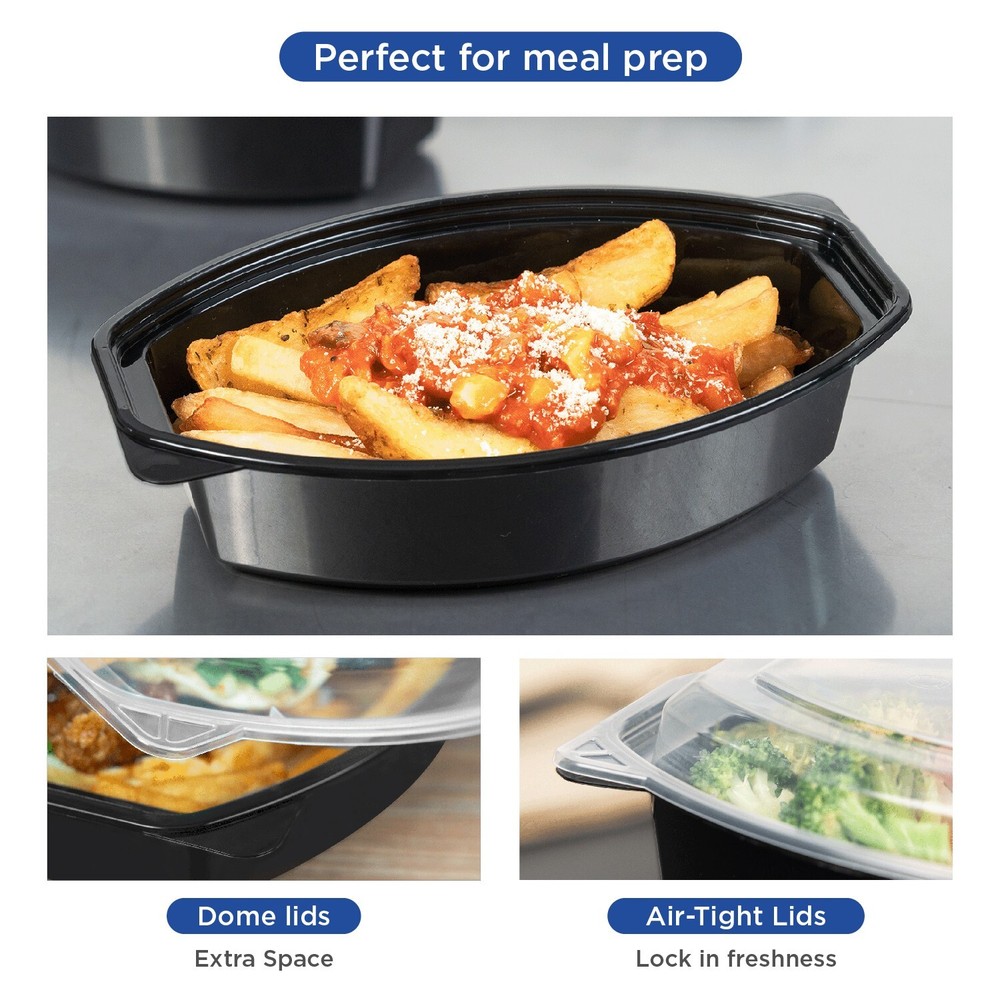 Karat 16oz PP Microwaveable Oval Food Container with Clear Lid, Black - 150 sets