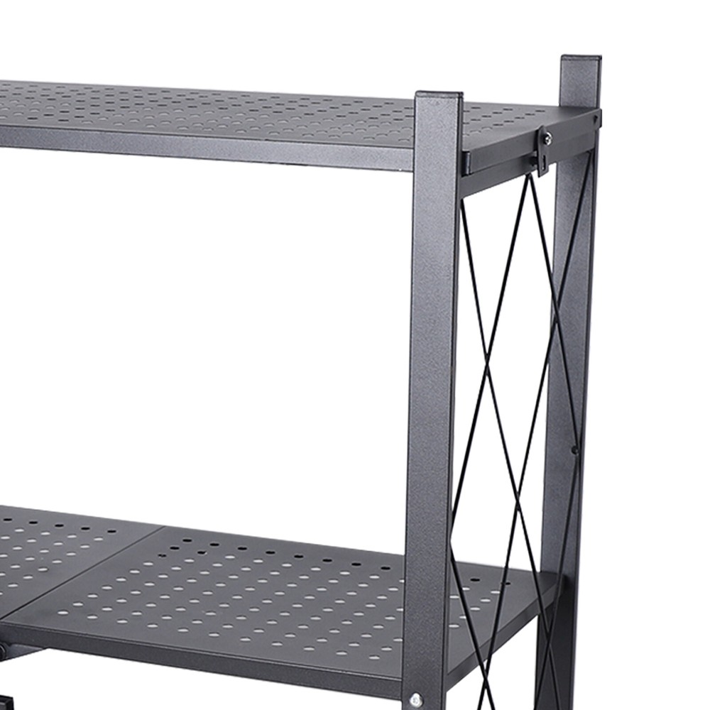 Storage 3 Tier Wide Folding Metal Shelf ,Rolling Trolley Utility Cart Black
