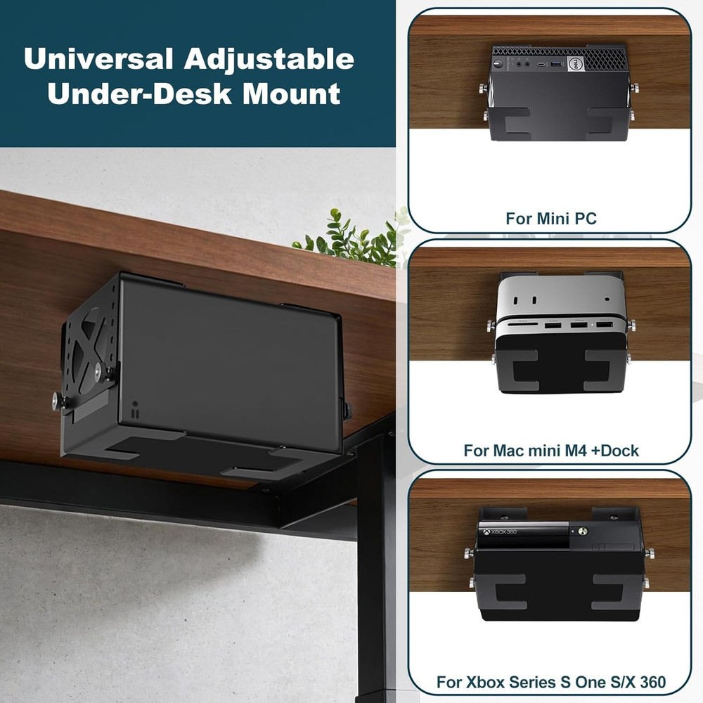 Adjustable Under Desk Mini PC Mount, 6-Level Height (1.7" to 3.3"), Width Adjust