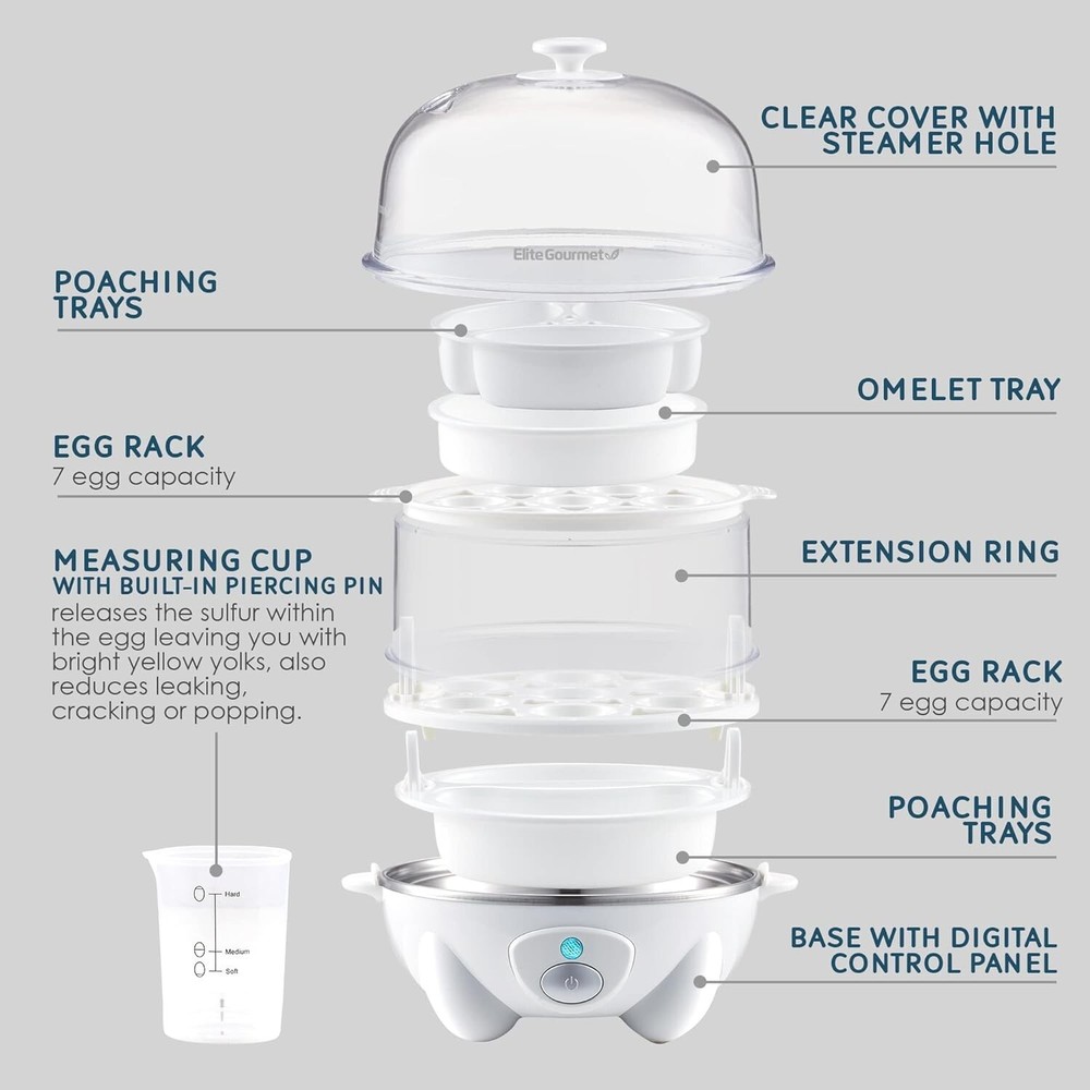 2-Tier Rapid Egg Cooker, 14-Egg Capacity with Buzzer & Auto Shut-Off, White