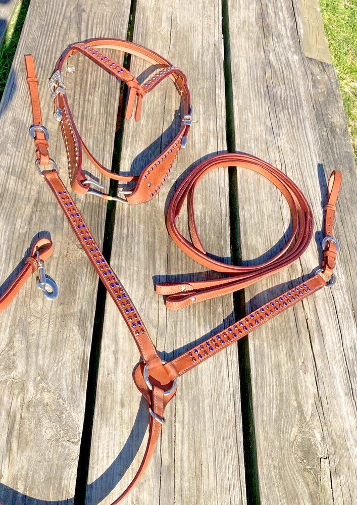 Western headstall/breast collar set w/red & blue crystals