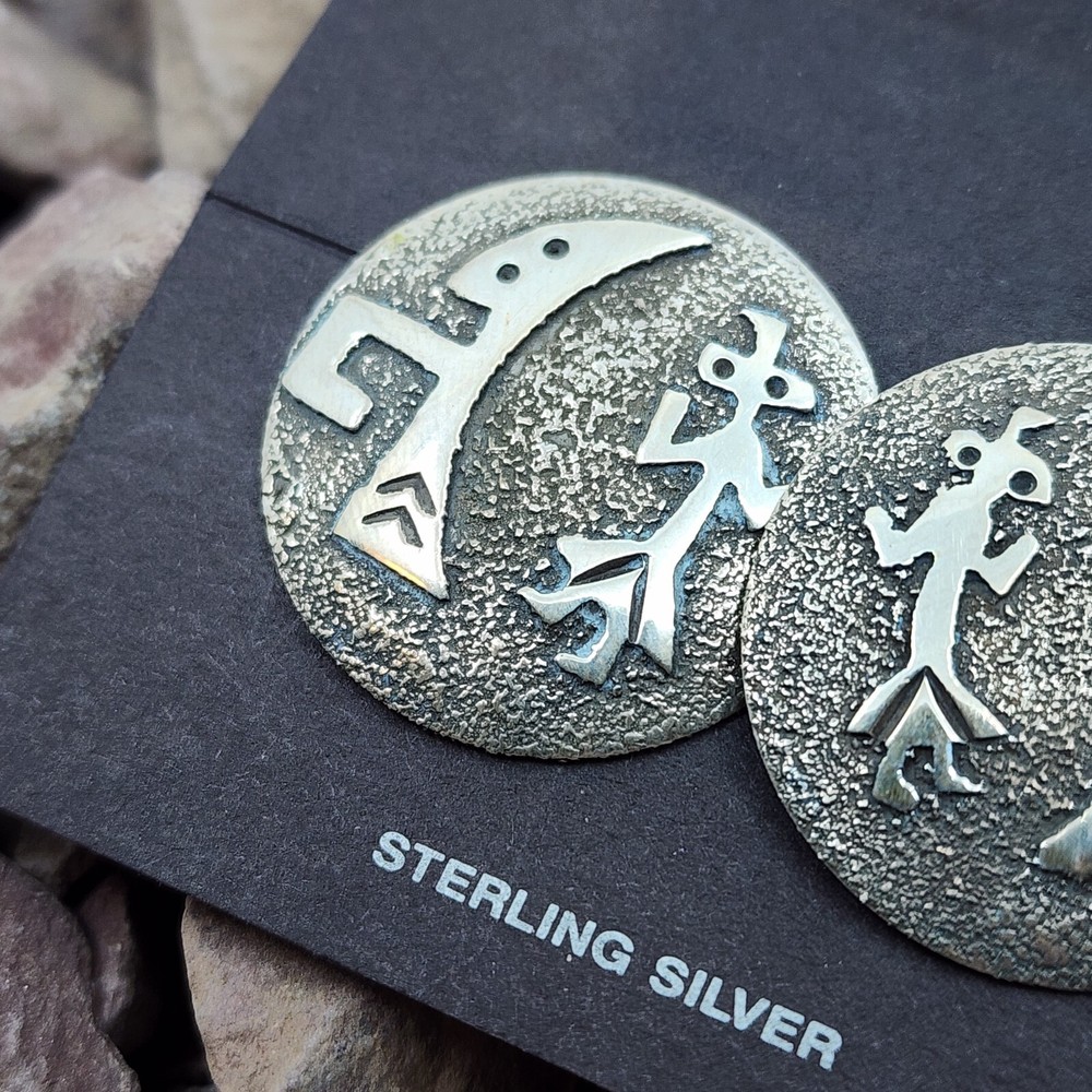 Native American Sterling Silver Kokopelli Round Post Back Earrings 3