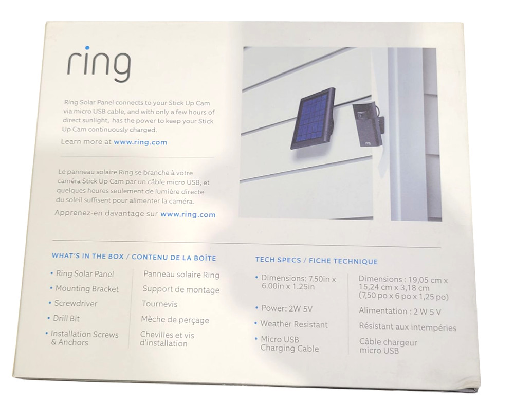 Ring Solar Panel for Stick Up Cam - Unused, New Open Box (Micro USB) Black