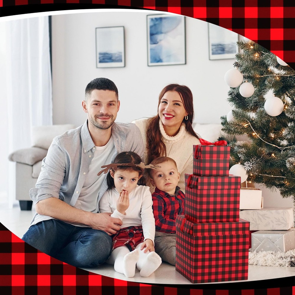 3 Pcs Christmas Nesting Gift Boxes Black Red Buffalo Plaid Stackable Boxes