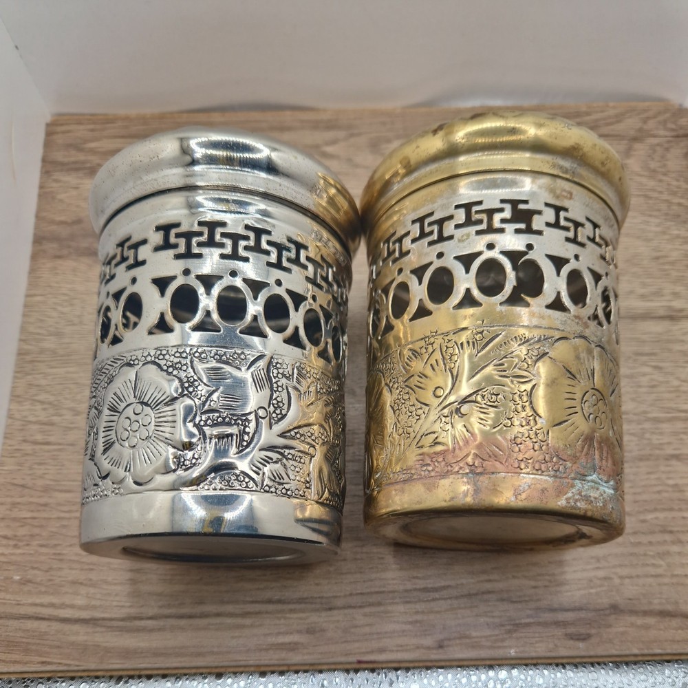 2 X SILVER PLATED LIDDED CANISTERS EMBOSSED PATTERNED VINTAGE DECORATIVE