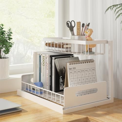 Under Sink Organizer, Pull Out Cabinet Organizer 2 Tier Slide Out 2 Pack White