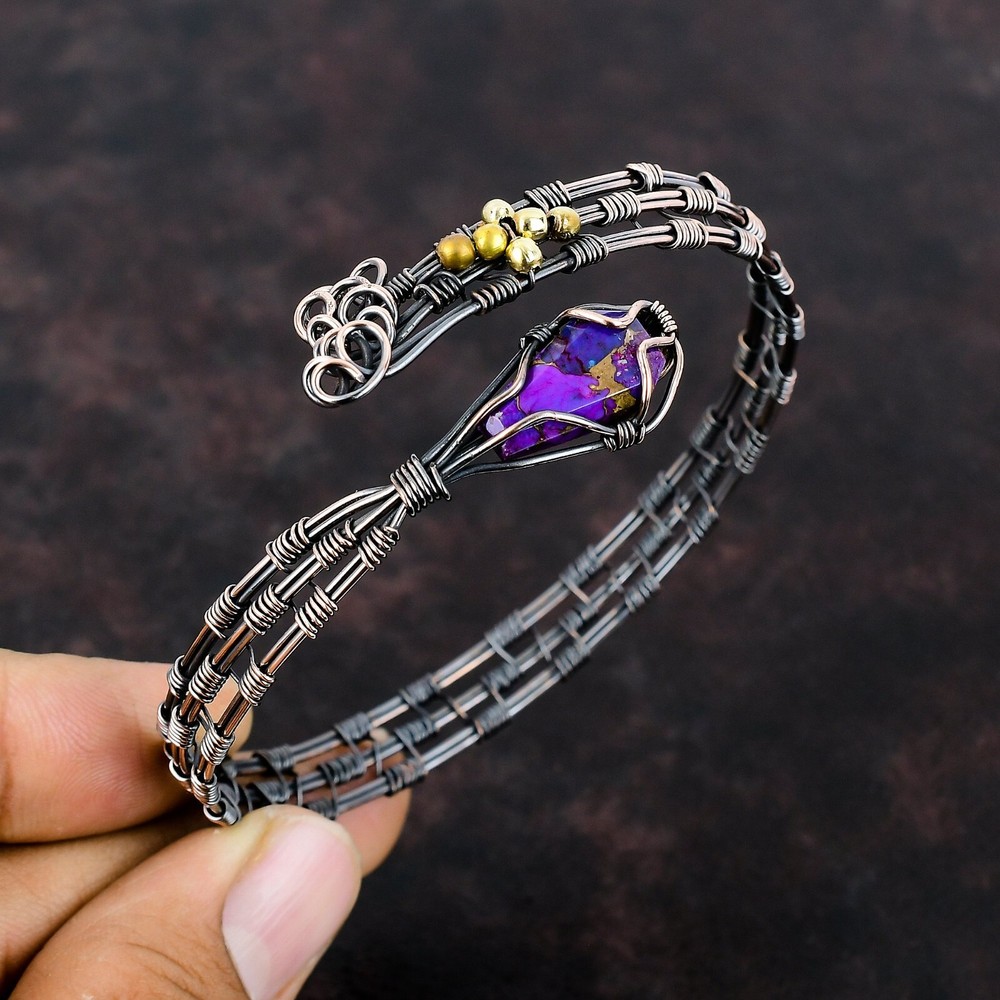 Natural Turquoise Gemstone Bangle Wire Wrapped Purple Adjustable Unknown Copper