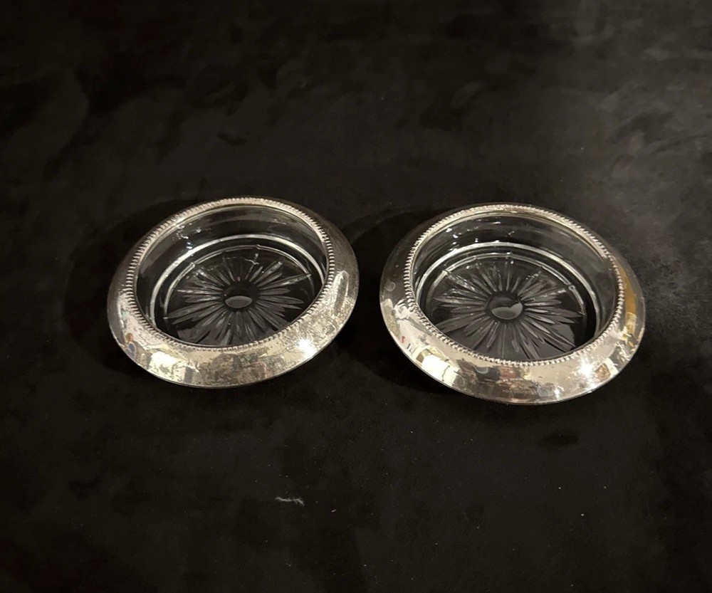 Vintage Pair Frank M Whiting & Co Sterling Silver & Starburst Glass Coasters 04