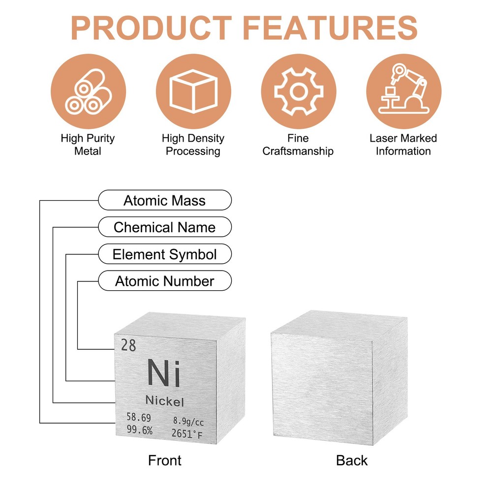 Nickel Cube, 1.5" High Density Metal Element Cube for Education, Silver