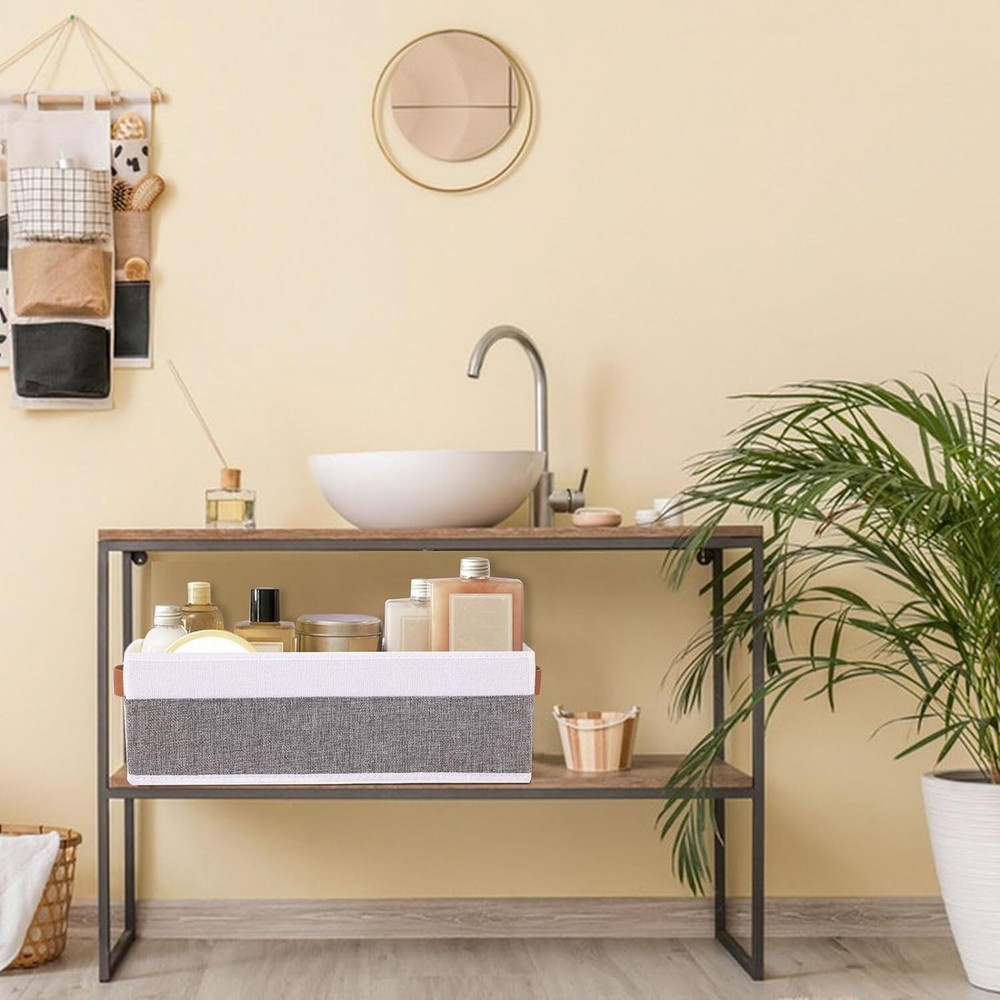 Foldable Open Storage Bins - Fabric Storage Containers with Leather Handles