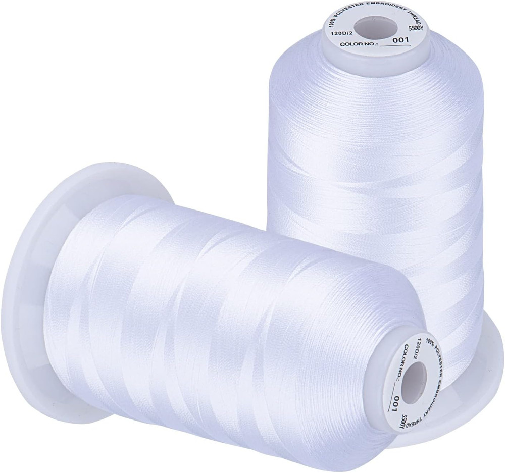 Embroidery Thread 5500 Yards White 001, 2 Huge Spools 40Wt Polyester for Brot...