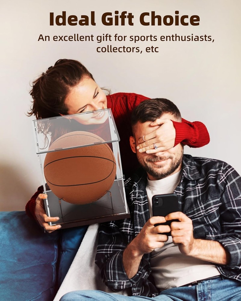 Basketball Display Case Acrylic Clear, UV Protected Stand Walnut