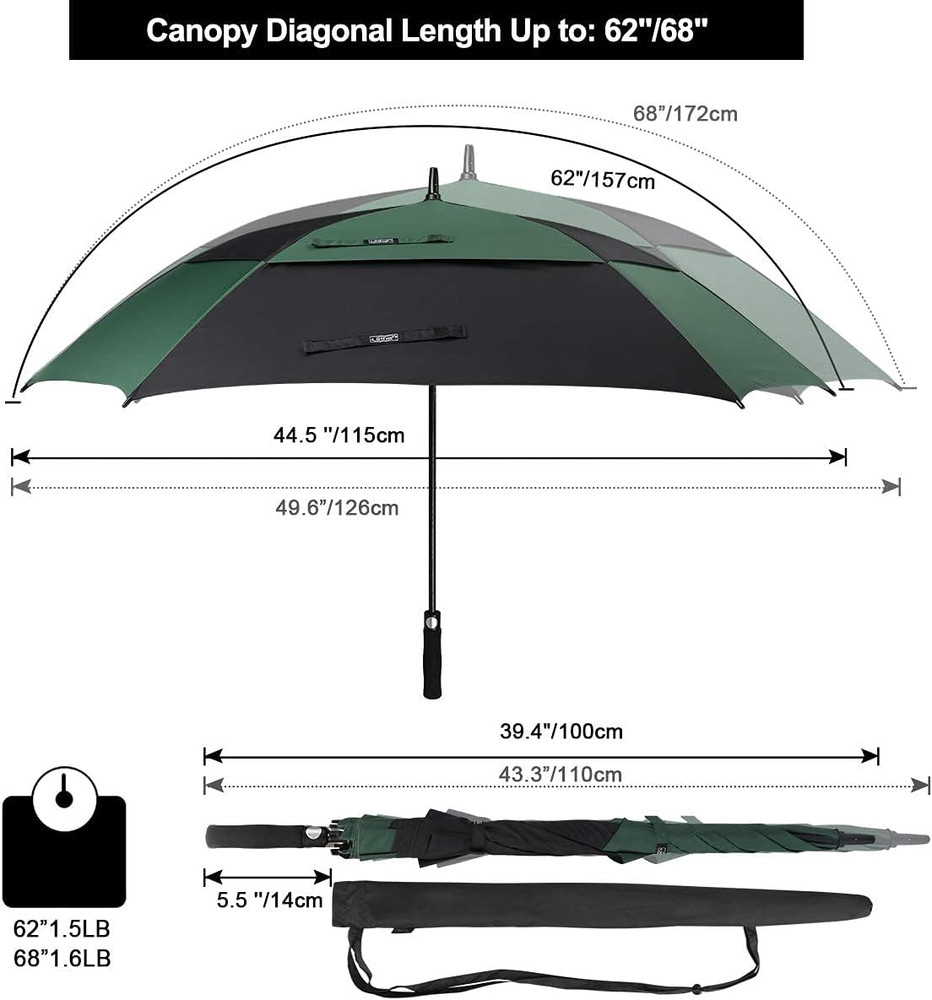 Extra Large Golf Umbrella 62/68 Inch Square Vented Windproof Auto Open Double Ca
