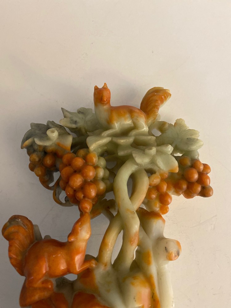 Chinese Carved Soap Stone Statute ~ Squirrels ~ Grapes