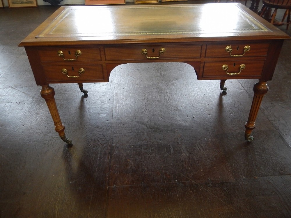Antique Five-Drawer Gilt Embossed Leather Top Writing Desk
