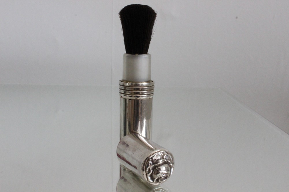 Vintage Solid Silver Blusher Brush with Rose Embossed Lid (Lipstick Size)