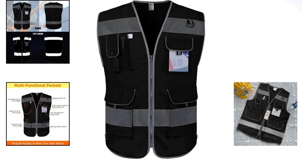 Durable Black Reflective Vest - 9 Multi-Functional Pockets for Enhanced Safety