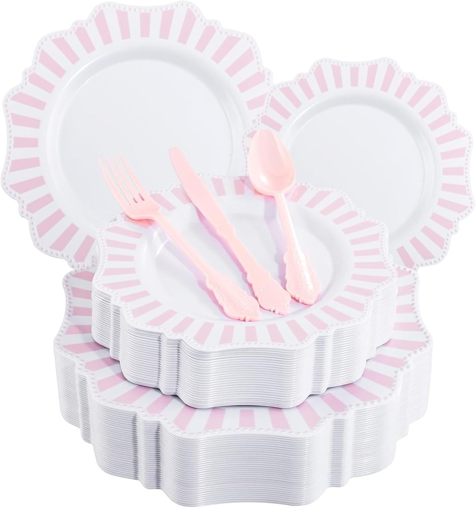 Disposable Pink and White Stripped Plastic Plates and Sierware
