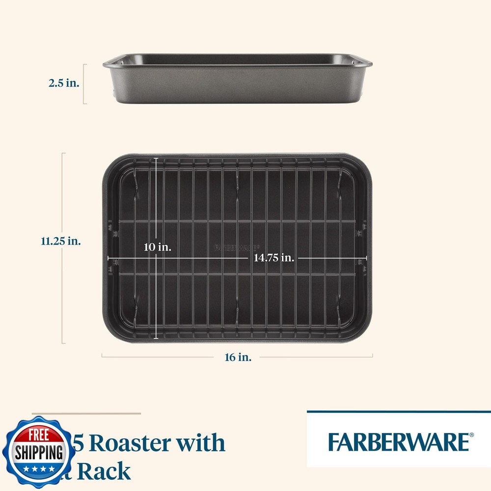 Farberware Bakeware Nonstick Steel Roaster with Flat Rack, 11-Inc