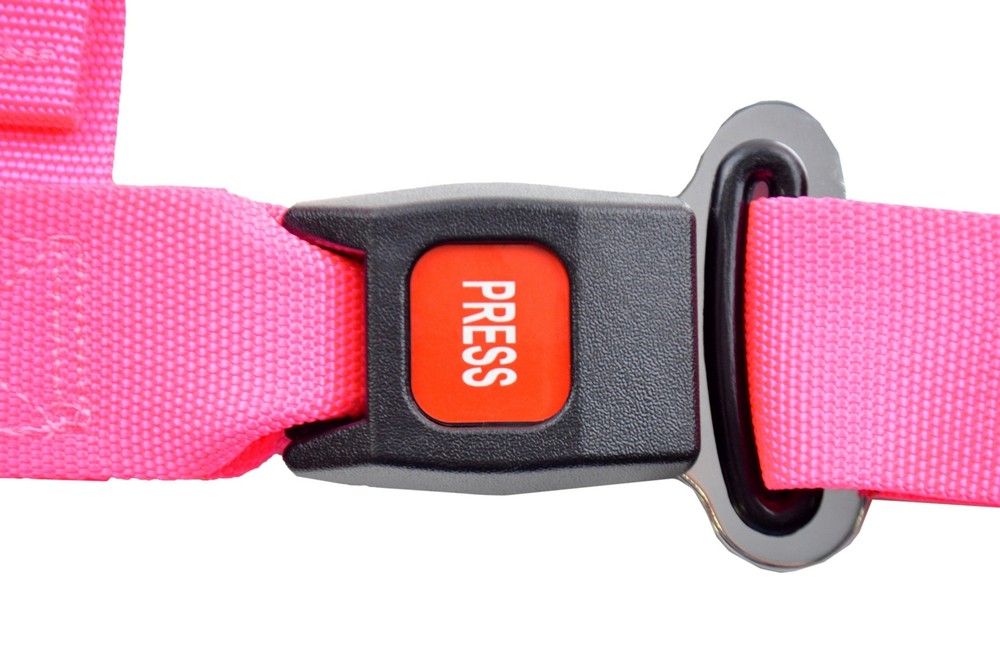 PINK 4 POINT SEAT BELT HARNESS PULL DOWN LAP BELTS ROLL BAR MOUNT PUSH BUTTON