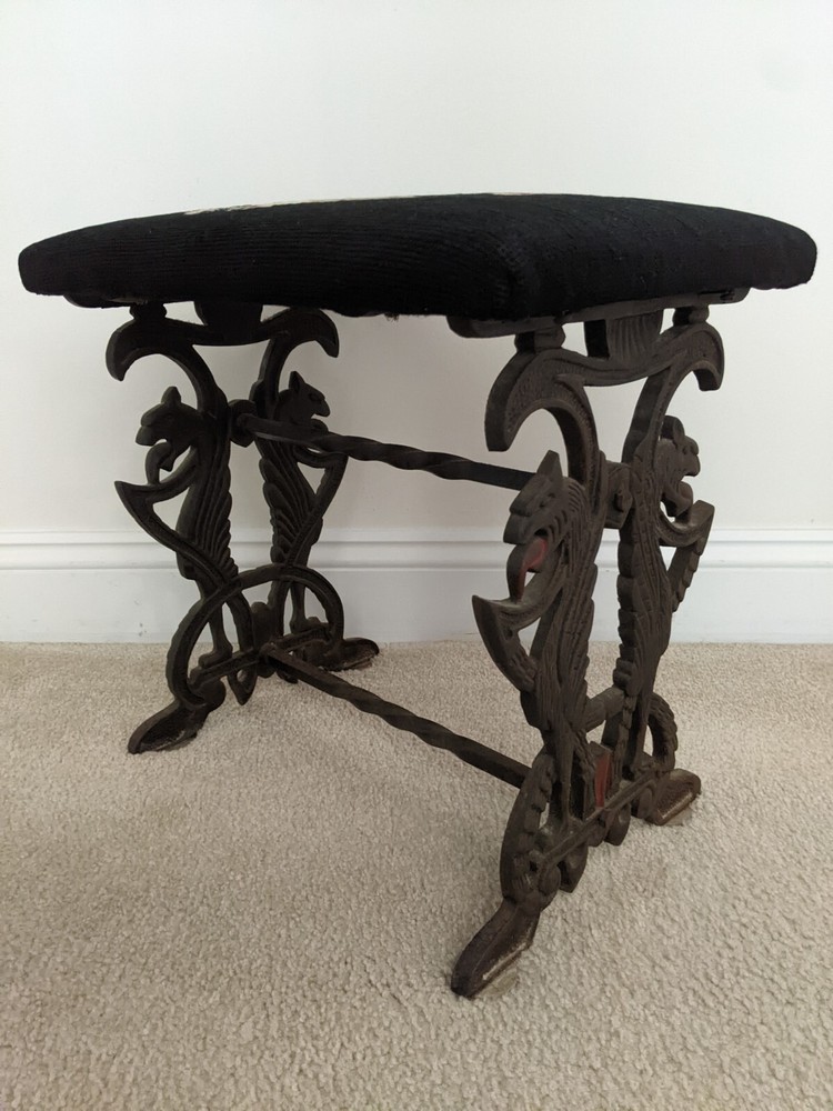 Victorian Floral Iris Needlepoint Bench Stool Ft. Bronzed Cast Iron Chimera Base